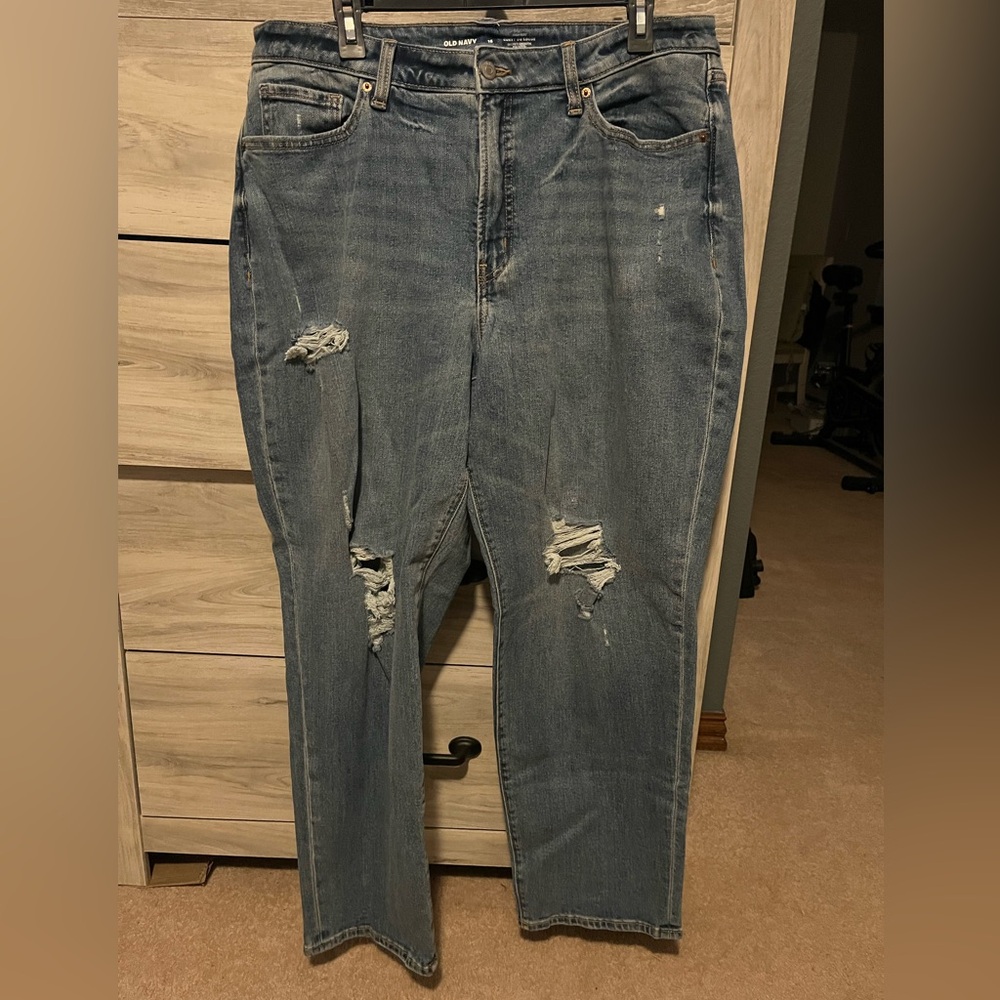 Old Navy Women's Distressed High-Rise Curvy OG Loose Jeans - Blue